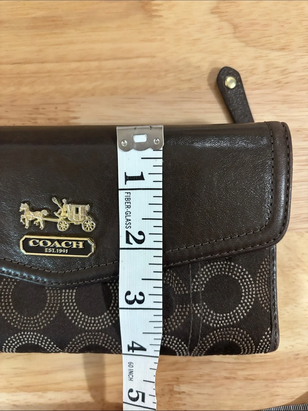 Coach Dark Brown Signature Circle Pattern Continental Wallet with check book